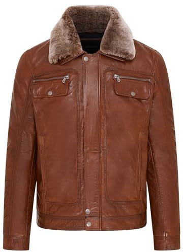 Mens Leather Jacket Trucker Removable Sheepskin Collar Casual Jacket