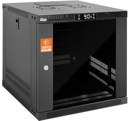 Tecmojo 9U Wandhalterung mit Thermostat, 45 cm Tiefe, geschlossener Serverschrank mit 2 Kühlventilatoren, abschließbare Tür und Hardware, 9U Rack für 48,3 cm (19 Zoll) Geräte, Glastür