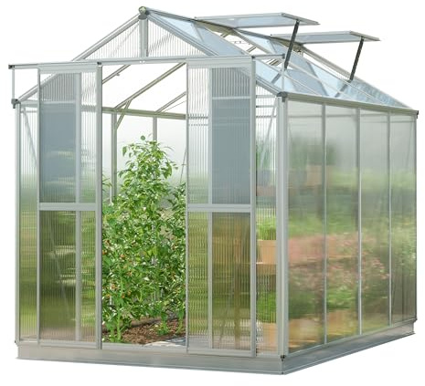 GFP Gewächshaus Picco 4 Alu-Rahmen 179 x 259 cm 6 mm Polycarbonat Platten - mit Fundamentrahmen & 1 automatischem Fensteröffner
