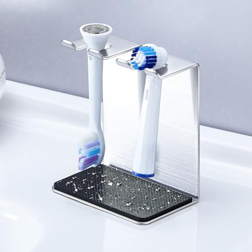 Aufsteckbürsten Halter, Zahnbürstenhalter Wand oder Stehender, Elektrische Zahnbürsten Halterung mit Auffangmatte für Wasser, Zahnbürstenkopf Halter, Bürstenkopf-Halterung für Badezimmer (Silber)