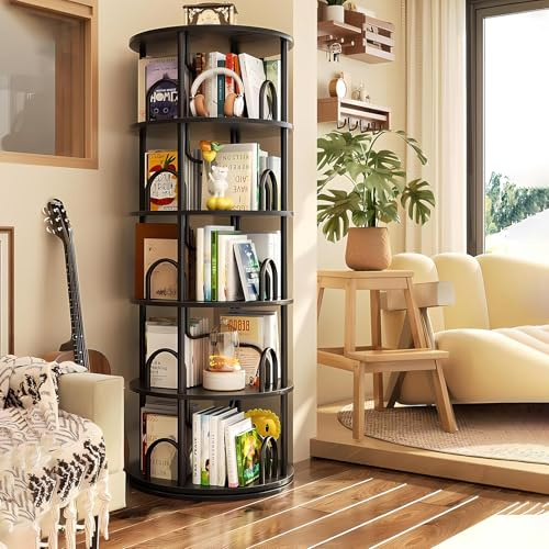 KEPMOGOH Libreria girevole a 360 gradi, libreria in legno, da pavimento, per camera da letto, cameretta dei bambini, soggiorno, nero (A, 5 Livelli)
