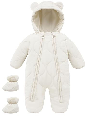 Maeau Combinaison de Neige Bébé Fille Garçon 9-12 Mois Grenouillère Hiver Nouveau Né Barboteuse à Capuche Snowsuit Vêtement de Ski Chaud Combi Pilote Jumpsuit Manteau Polaire Veste en Duvet Body Blanc