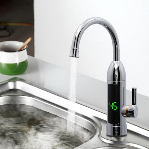 FALANZATH Elektrischer Wasserhahn mit Durchlauferhitzer 220V, 360° Wasserhahn Küche Durchlauferhitzer, LED Elektrischer Küchenarmatur, Edelstahl Warmwasserhahn für Garten Wohnwagen Camping (Silber B)