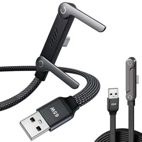 Cable USB A a USB C 65W 1.5m 90°, con Soporte Integrado Plegable, Trenzado | Carga rápida 65W y soporte en uno, Ángulo 90° para jugar sin molestias, Funda trenzada anti-enredos, Compatible con móvil