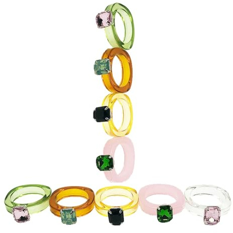 YARNOW 9 Acrylringe mit Edelsteinverzierung Bunte Modeschmuck Ringe aus Acryl Stilvoll und Einzigartig als Partydekoration oder Geschenk Zufällige Farbe
