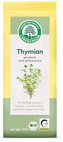 Lebensbaum Thymian gerebelt & getrocknet, Bio-Gewürz mit herb-würzigem Geschmack, Quendel für Pizza, Fleisch-Gerichte, Suppen & Eintöpfe, vegan, 20g