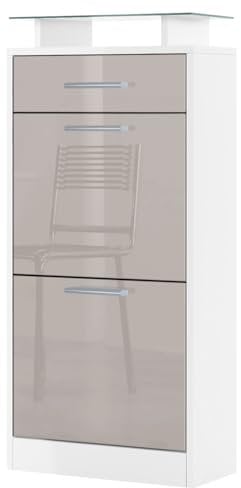 Vladon Schuhschrank Loret V2, Schuhkipper für 8 Paar Schuhe mit 2 Klappen, 1 Schublade und Glasablage, Weiß matt/Sandgrau Hochglanz (46 x 104 x 23 cm)