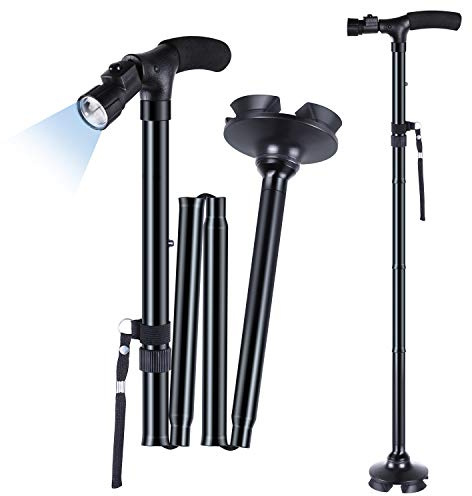 Ohuhu Walking Cane with LED Light, Folding Adjustable Free Standing Cane