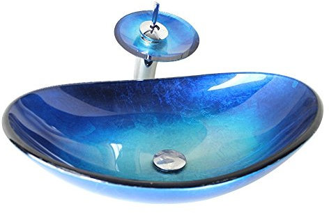 Homelava Lavabo da Appoggio in Vetro Temperato Lavabo da Bagno Ovale in Vetro Temperato con Anello di Montaggio per Rubinetto a Cascata e set di scarico dell'acqua (blu)