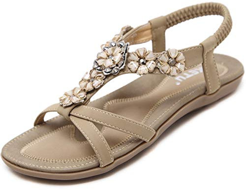 Acfoda Sandales Femme Été Chic Plates Confortable Bohême Chaussure Léger Mules Tongs Orthopédiques Sandalette Cuir nus pieds avec Strass Beige 41