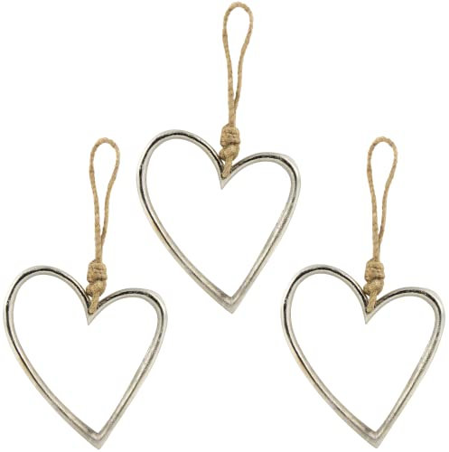 Marzoon 3X Metallherzen je ca. 13 x 11cm - Silber Deko Herzen zum Aufhängen - Herz Anhänger für Fenster, Tischdeko - Vintage Deko für Geschenke - Mini-Deko - Mitbringsel