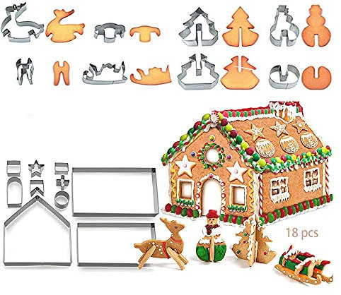 Anyingkai Cortador Galletas Casa pan de Jengibre,3D Casa Galleta de Jengibre,Cortadores de Galletas de Navidad 3D,Molde para Galletas Casa de Pan de Jengibre de Acero Inoxidable de 18 Piezas