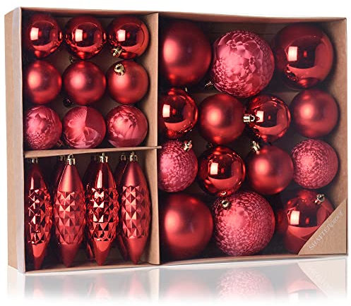 com-four® 31-teiliges Set Hängedeko Weihnachten - Christbaumkugeln und Tannenbaumzapfen aus bruchsicherem Kunststoff für Weihnachten - Christbaumschmuck (rot - 31-teilig)