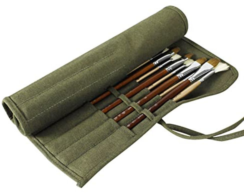SEDEX Trousse à crayons enroulable à 22 emplacements en toile pour artistes et pinceaux de peinture,Grande capacité,Pochette de rangement pour pinceaux,Adolescentes,Vert militaire