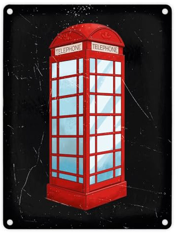 Metallschild in 15x20 cm mit roter Telefonzelle im Used-Look coole Retrodekoration für dein Zuhause mit britischer Telefonzelle für die Küche oder das Wohnzimmer