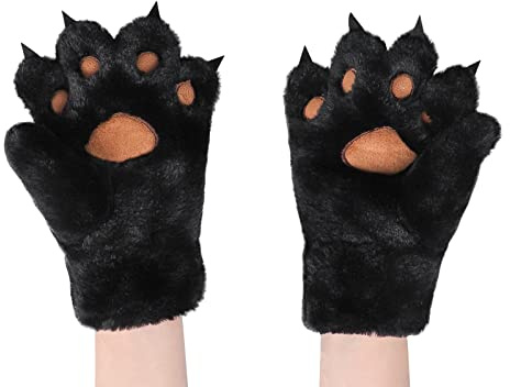QCHOMEE Women Girls Cat Bear Paw Claw Gloves Mittens Plush Warm Winter Animal Wolf Handwear Cute Fluffy Cartoon with String Cosplay Party Halloween Christmas