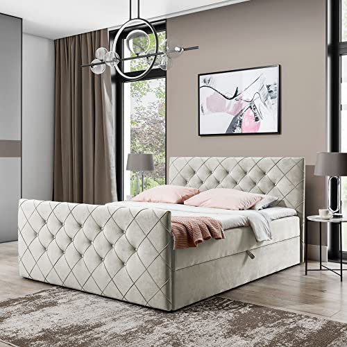 Boxspringbett Doppelbett MONAKO - Bett mit Bonellmatratze, mit Bettkasten für Bettwäsche und Topper. Gepolstertes Kopfteil und Fussteil mit Einer eleganten Steppung verziert (Beige, 200x200)