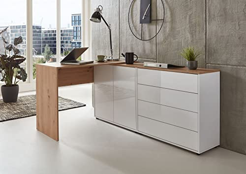 BMG Möbel Eckschreibtisch Mailand Set 3 (Computertisch, Winkelschreibtisch, Homeoffice, Bürotisch), Made in Germany (Weiß-Oberboden Artisan Eiche/Hochglanz Weiß)