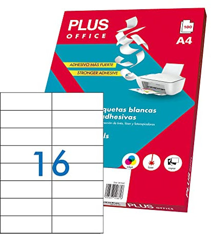 Plus Office - Weiße selbstklebende Etiketten zum Drucken, 100 Blatt Aufkleber Papier auf A4 Blatt für Inkjet-Drucker, Laser und Fotokopierer, 16 Etiketten pro Blatt (105 x 37 mm)