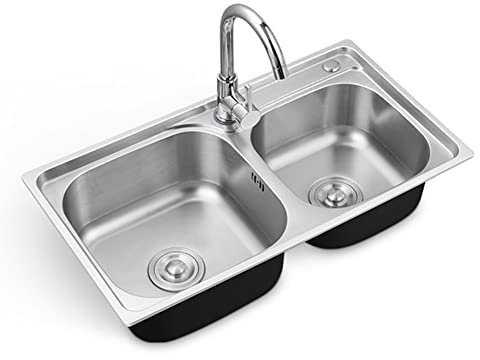 Sink Stainless Steel with 2 Basins, Kitchen Sink Double Bowl 2 Hole, 22cm Deep Sink Basin with Drain Assembly, Drop-in/Undermount (Color : Silver-A, Size : 81x43cm)