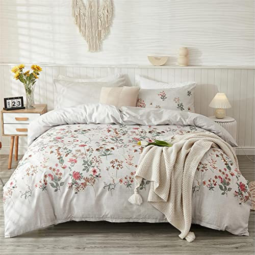 Freyamy Blumen Bettwäsche Set 200x220cm 3teilig Hellgrau Bunt Blumen Blätter Pflanzen Blumenmuster Wendebettwäsche Gebürstet Microfaser Weiche Bettbezug mit Reißverschluss und 2 Kissenbezug 80x80cm