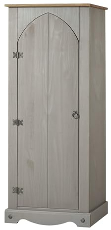 Home Source Vestry Storage Cupboard, Solid Pine 1 Door 3 Shelf Wooden Cabinet, Living Room Bedroom Sideboard, Grey
