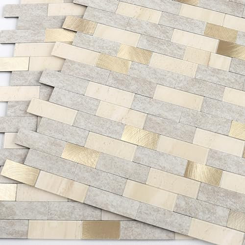 BeNice Selbstklebende Mosaik Fliesenaufkleber Bad, Wandfliesen Küche Marmor Fliesen Wasserdichte(Beige,10Stücke)