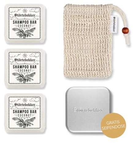 Störtebekker® Premium Duschset - Festes Shampoo Kokos (x3), Sisalsäckchen + GRATIS Seifendose Aluminium - Shampoo Bar Set für Haar, Gesicht & Körper - Handgefertigt in Seifenmanufaktur