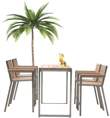 Teako Design 4 Barstühle Teak + Edelstahl Fedaia + Tisch Cadore Massivholz Wetterfest, für Garten und Terrasse, Outdoor-Möbel, Gartenmöbelgruppe, mit Rückenlehne, Bar-Set, TT-4101-4xTS-2106