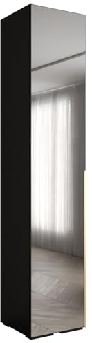 MEBLE KRYSPOL Inova 1 Moderner Schrank mit Spiegel, Regalen - Aufbewahrungsschrank für Schlafzimmer, Wohnzimmer - 236,7x50x47 cm - KGoldpusfarbe Schwarz - Frontfarbe Schwarz - Grifffarbe Gold