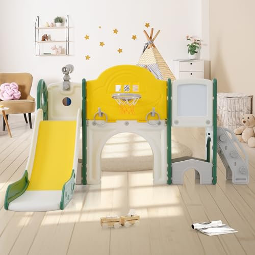 Merax Rutsche für Kinder, 10 in 1 Multifunktionsrutsche mit Klettern, Bohrspiel, Basketballkorb, Golfspiel, Kinder Spielplatz Gartenrutsche für In- und Outdoor, Hinterhof Baby Rutsche Set, Gelb & grün