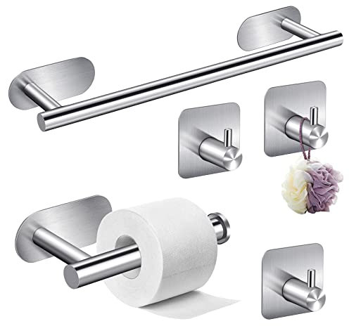 5 PCS Stainless Steel Towel Racks, Heavy Duty Wall Mounted Towel Bar Toilet Paper Holder Towel Hook Self Adhesive Bathroom Accessories Set, Silver