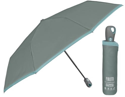 PERLETTI Grauer Regenschirm Damen mit Auf Zu Automatik - Kleiner Taschenschirm Frauen Mädchen Handtasche Ultra Leicht - Mini Regen Schirm Kompakt Sturmsicher Sturmfest - Durchm 98 cm (Grau)