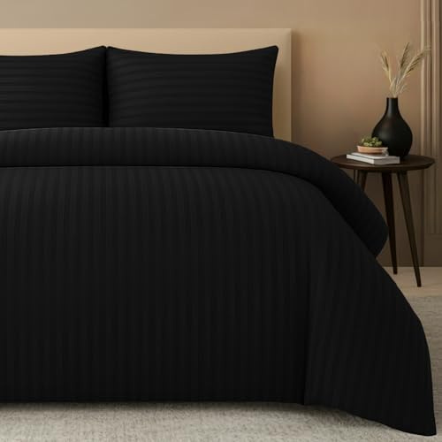 Pamposh Parures de lit à Rayures en Relief Housse de Couette de qualité hôtelière supérieure Linge de lit hypoallergénique en Microfibre Ultra Douce (1-Noir, Double (200 x 200 cm))