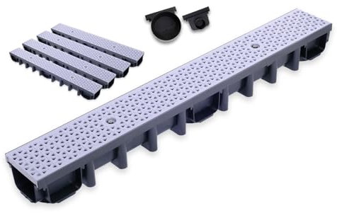 Durabern Entwässerungsrinne Set - 98 mm Ablaufrinne, PKW-befahrbar, für Garten, Hof & Terrasse, inkl. Rost aus PP-Kunststoff mit modernem Muster und 2 Ablaufstutzen (4 m, Grau)