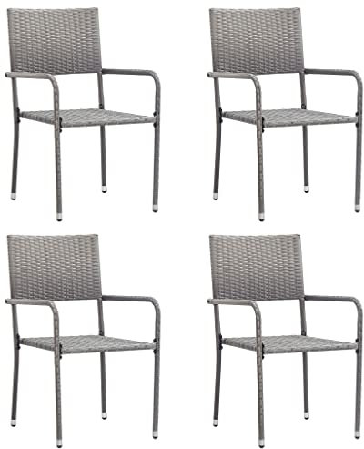 vidaXL Garten Essstühle 4 STK., Essstuhl Stapelbar mit Stahlrahmen, Gartenstuhl Sessel für Garten Balkon Terrasse, Gartensessel Stuhl Stuhlset, Grau Poly Rattan