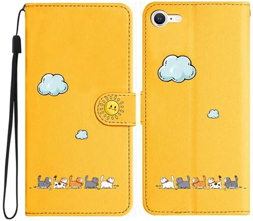 Niedlich und Schöne Geldbörse Handyhülle für iphone 7/ iphone 8/ iphone SE, Nette Katzen Muster Haltbares PU+TPU Leder mit Prämie Magnetisch Schließung Flip Telefon Hülle für iphone 7/8/SE(Gelb)