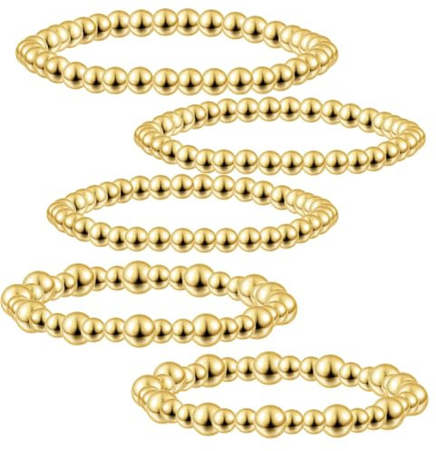 PEOVLVN 5 Stück Armband damen Gold Armband Stretch Damen Armband 18k Vergoldetes Armband,Gold Armbänder Damen Vergoldet Armband Damen Stretch Armband Gold Bead Armbänder für Damen und Herren