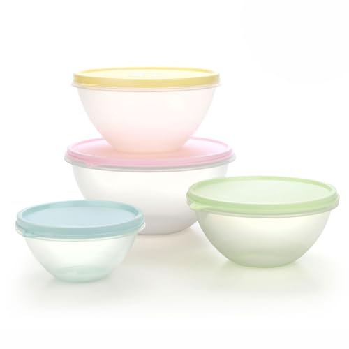 Frischhaltedosen mit Deckel, 4 Stück, 1,2 l, 765 ml, 368 ml, wiederverwendbarer Kunststoff, Lebensmittelereignisverträglich, runde Nistschalen