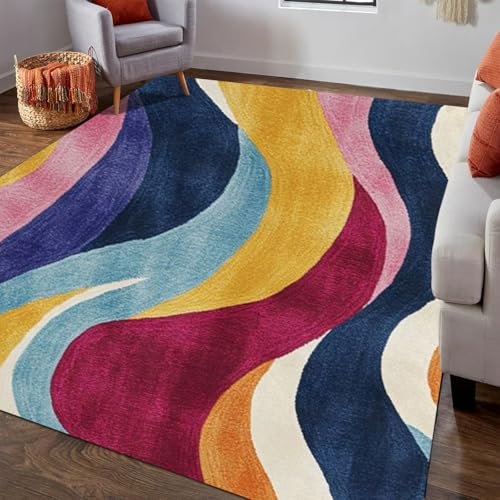 Bunter Teppich Kurzflor, Bunt Teppiche Regenbogen, Rutschfester Waschbarer Ultraweich Wohnzimmerteppich, Pflegeleicht Faltbar Gestreifter Area Rugs für Schlafzimmer Kinderzimmer Wohnzimmer 160x230 cm