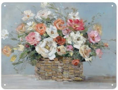 Rustikales Metall-Blechschild, Frühlingsblumen im Korb, Wandkunst, lebendiges Blumen-Kunstwerk, farbenfrohe, moderne Wandkunst für Badezimmer, Küche, Heimdekoration, 30,5 x 40,6 cm