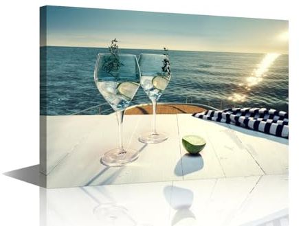 Art Work for Home Walls Luxury Cruise Ships Paintings Cocktails and Wine Glasses Pictures 1 Panel Colorful Prints Canvas Wall Art Dining Room House Decorations Framed Stretched Ready to Hang 36x24 in