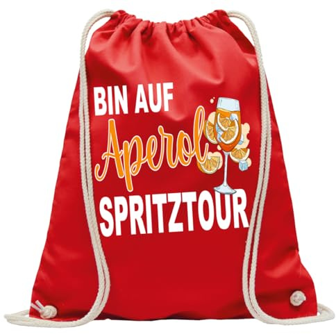Print Deluxe Rucksack bedruckt mit Spruch, Bin auf Aperol Spritz Tour, Hipster, Sportbeutel, Turnbeutel, Sprüche Jute Beutel, Zuziehbeutel mit Kordeln (Rot)
