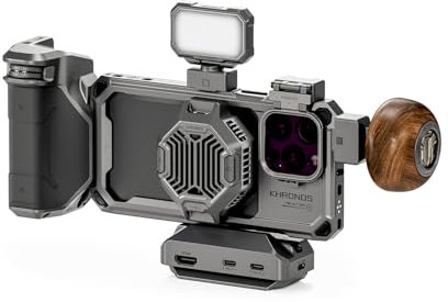 Tilta Khronos Handykäfig, kompatibel mit iPhone 16 Pro Max, mit Holzgriff, Kühlsystem, Fokus-PD-Griff und Mini-LED-Panel, ultimatives Set, Space Grey TK-IP16-PMB-SG