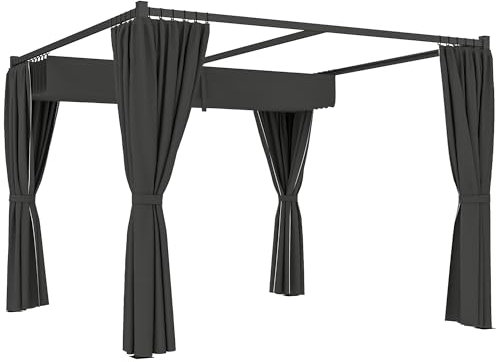 Outsunny 3 x 3(m) Pergola with Retractable Roof Canopy and Curtains, Metal Frame Garden Gazebo Outdoor Sun Shade Shelter for Grill, Patio, Deck, Charcoal Grey