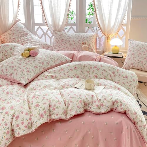 Freyamy Housse de Couette Fleurie 200x200+2 Taie d'oreiller 65x65 Blanc Rose Vert Feuilles Floral Parure de lit 2 Personnes Adulte Fleurs Sets de Housse Couette en Microfibre avec Fermeture Éclair