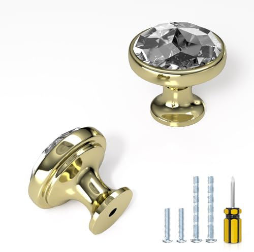 ELEBUILD 10 Pack Clear Crystal Cabinet Knobs, Gold, Kitchen Cupboard Door Handles, Cabinet Handle Drawer Pulls for Wardrobe Bathroom