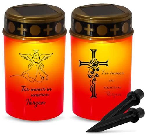 2er Pack Grablaterne Solar, Led Grablicht Mit Dämmerungssensor Und Erdspieß, IP44 Grablicht Solar Wetterfest, Led Grablichter Für Draußen, Grableuchte Für Den Außenbereich, Friedhofskerze (Rot-B)