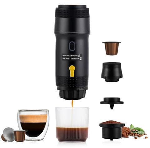 obecilc Tragbare Espressomaschine, 20 Bar Mini-Reisekaffeemaschine mit USB, 3-in-1-Camping-Kaffeemaschine, selbsterhitzend, kompatibel mit gemahlenem Kaffee und Kapseln für Wandern, Büro und Wohnmobil
