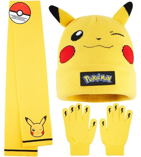 Pokemon Mütze Schal Handschuhe Set Jungen 8–10 Jahre, 3D Pikachu Beanie, Weiches Strick-Winterset, Anime Geschenke für Kinder